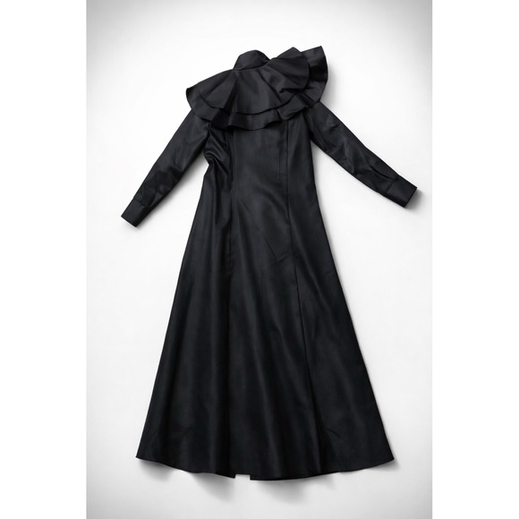 Black Ruffle Cape Maxi Trench Coat Gothic Victorian Steampunk Brass Button Long - Picture 2 of 7